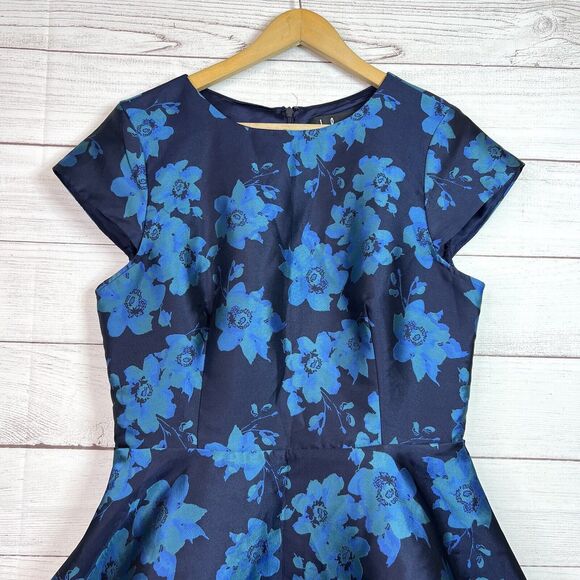 Lulus Navy Blue Satin Mini Dress Teal Cap Sleeve Pleated Floral Fit n Fl… - Picture 3 of 10